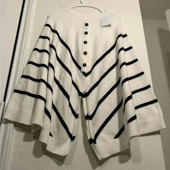 J Jill Nautical Sweater Shall Cape White Navy Striped Button Down Poncho Size OS - Picture 3 of 9